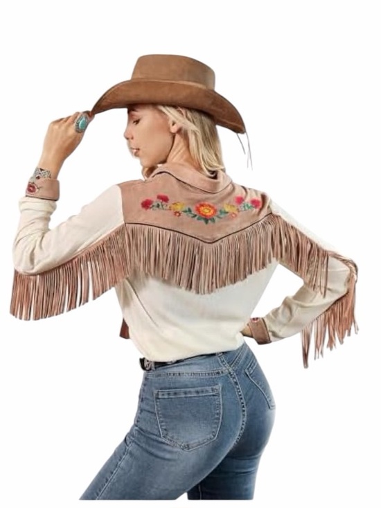 john mooon Tops - JOHN MOON Womens Fringe Western Long Sleeve Shirts Floral Embroidered